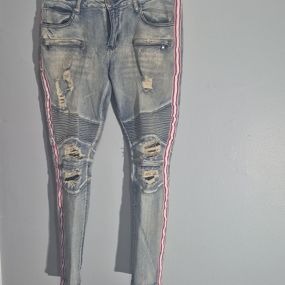 Rue21 Premium Blue Biker Denim Moto Jeans Skinny Supreme Flex Men's Size 34X32 - Picture 8 of 9